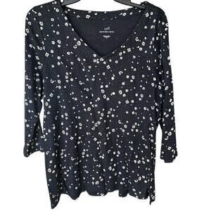 J.Jill blue micro floral jersey knit pima cotton 3/4 sleeve v neck pullover sz M